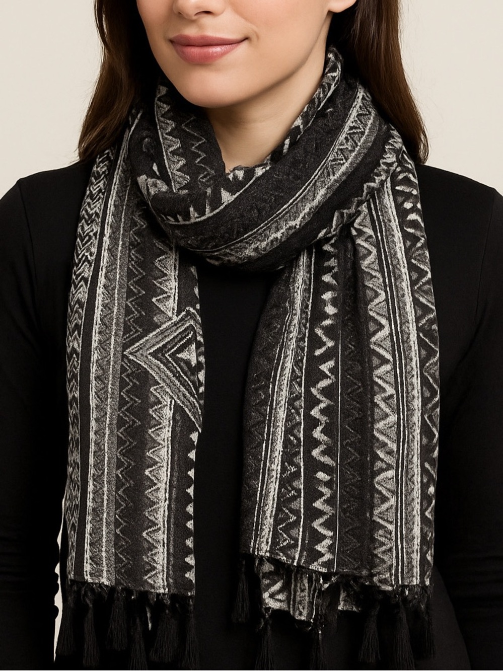 Black & Gray Patterned Fringe Scarf rectangle shape 30”x70”